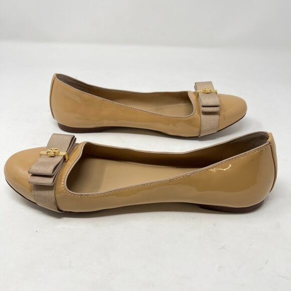 Tory Burch Trudy Flat Tan Patent Leather 7.5 Ballet Bow Logo Classic Neutral - Picture 10 of 16